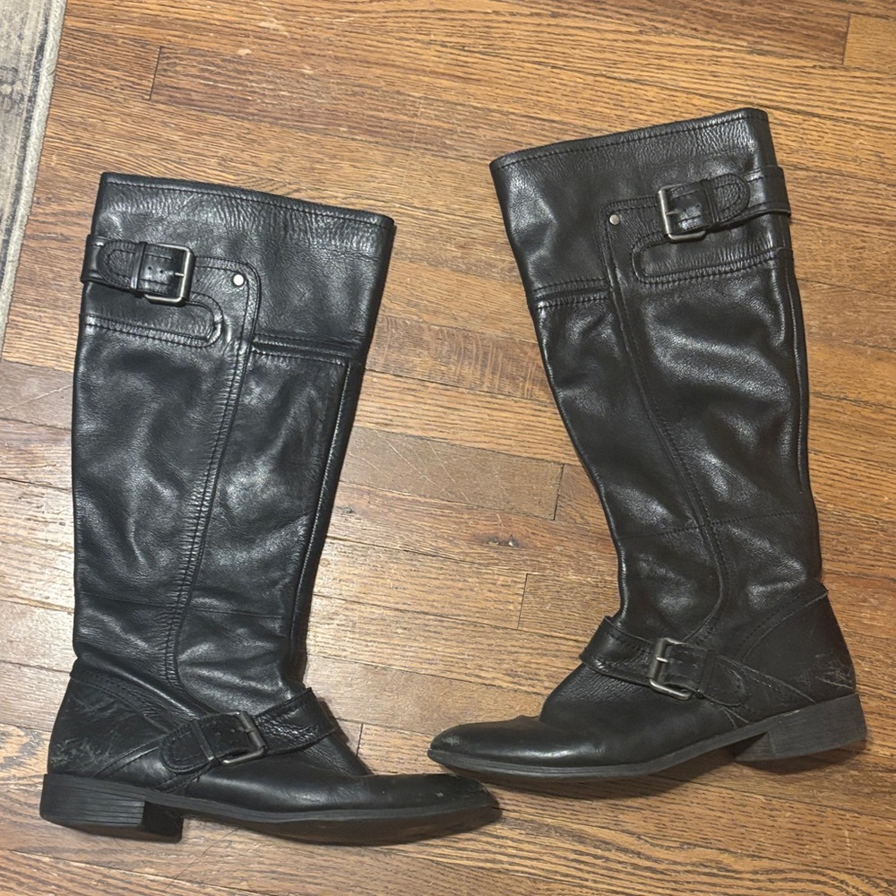 Black Leather Knee-High Boots with Buckles